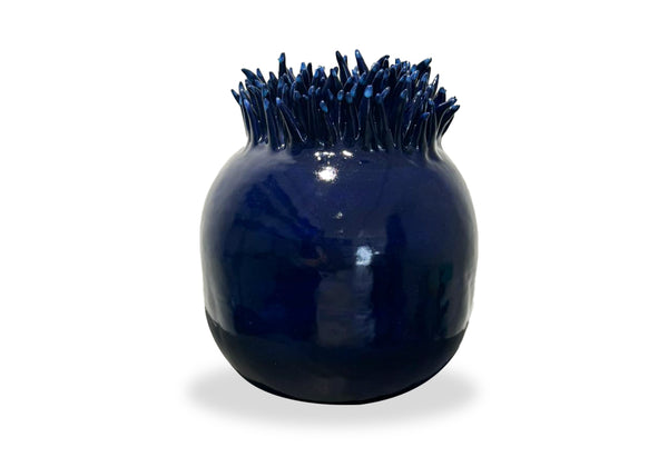 Unique Ceramic Vase in Dark Blue Spiky