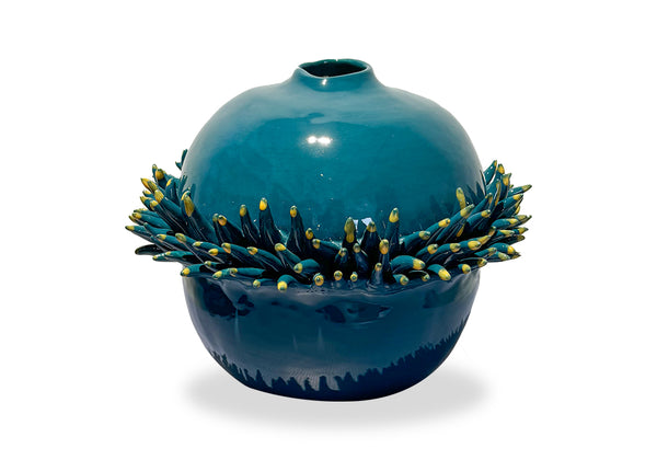 Unique Ceramic Vase in Teal Spiky