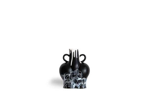 Sculpted Black Vase with Numerous Faces