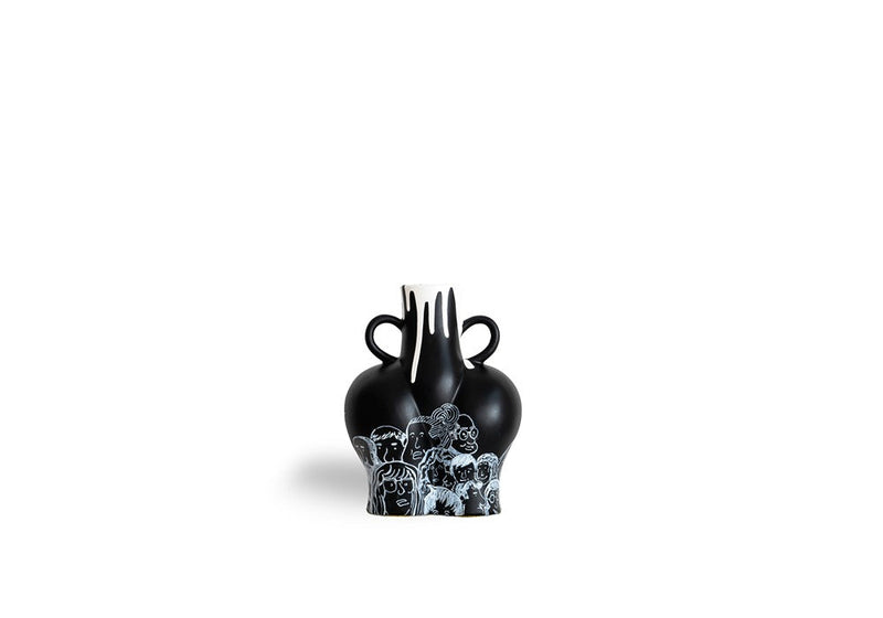 Sculpted Black Vase with Numerous Faces
